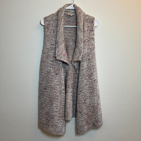 LOFT Outlet Open Front Knit Vest Large Beige Speckled Sleeveless Cardigan - Picture 1 of 4